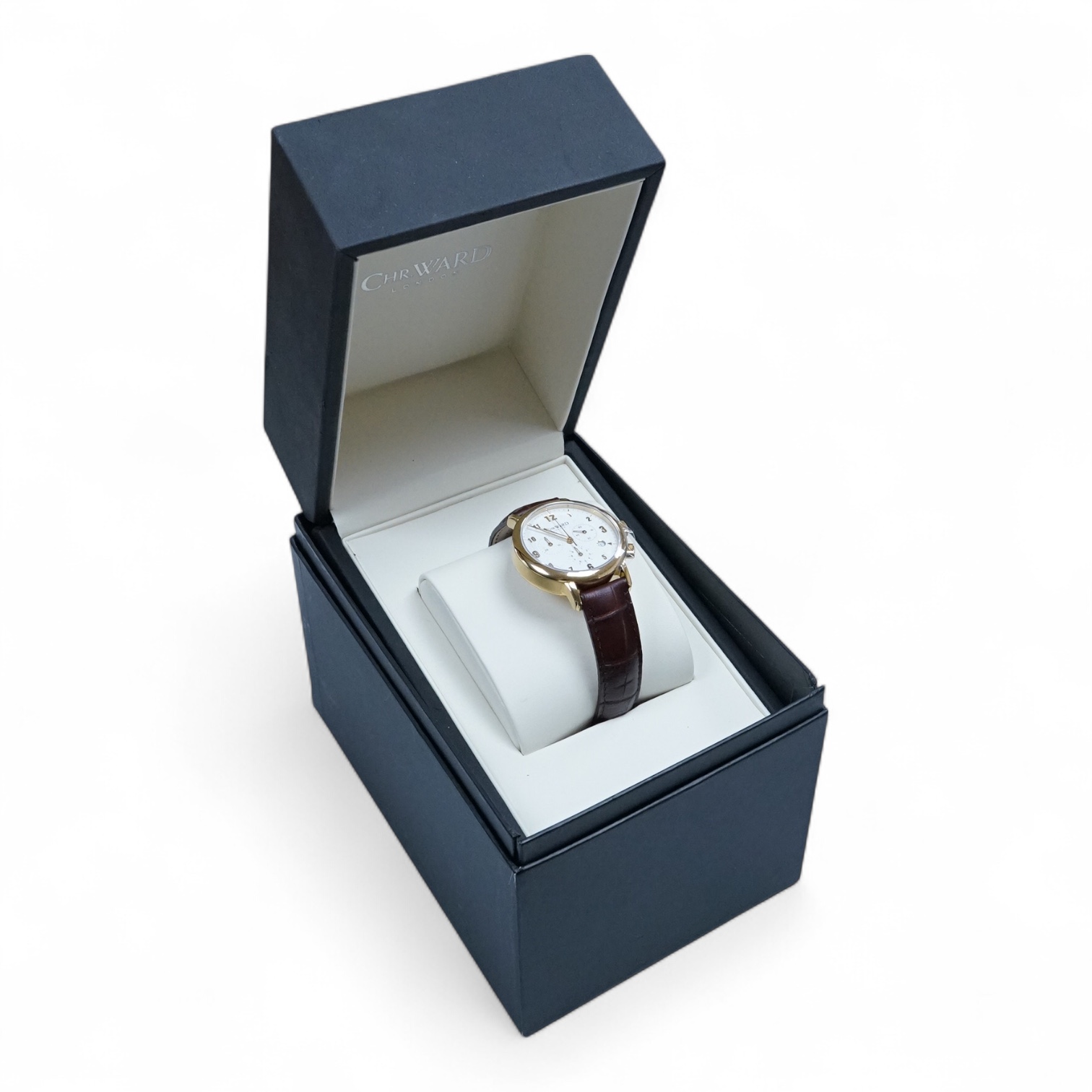 A boxed modern Christopher Ward of London gilt stainless steel chronograph quartz wrist watch, case diameter 40mm, on a Christopher Ward leather strap with deployment clasp, with papers but not for this model.